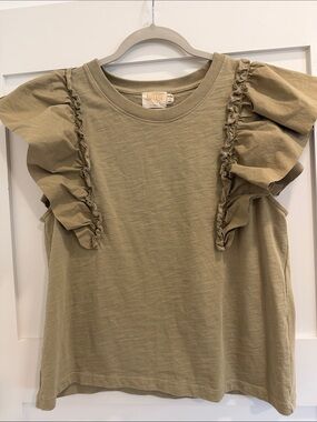 Nation LTD Anthropoligie Ruffle Sleeve Cotton Top Sage/Olive Green Size M